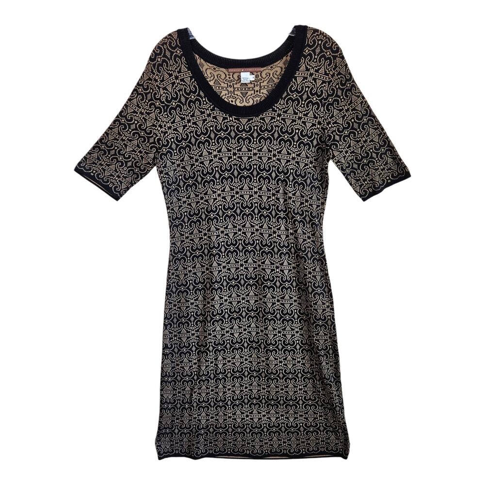 PERUVIAN CONNECTION Women's M Sweater Dress Pima Cotton Black Tan Geometric Midi